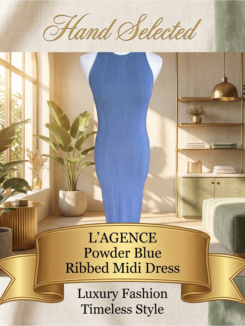 L'AGENCE Powder Blue Ribbed Bodycon Midi Dress Quiet Luxury Old Money Small